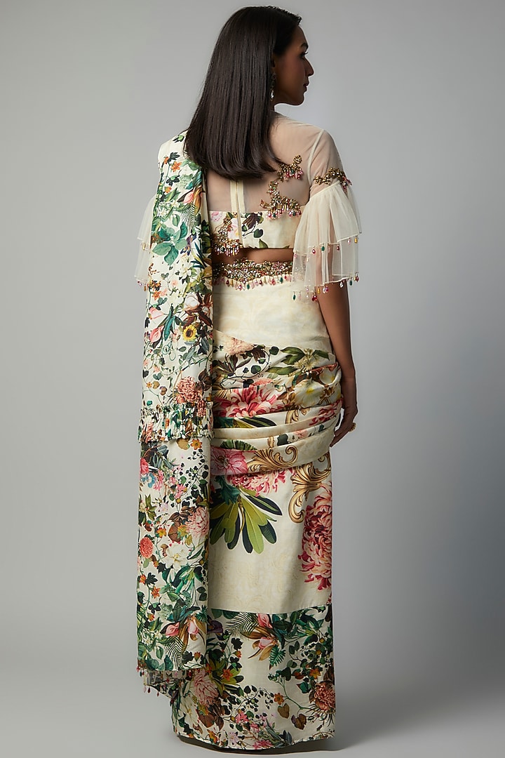 Ivory Raw Silk Botanical Printed Reception Saree Set by Rocky Star at Pernia's Pop Up Shop
