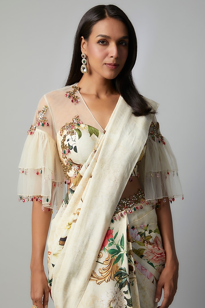 Ivory Raw Silk Botanical Printed Reception Saree Set by Rocky Star at Pernia's Pop Up Shop