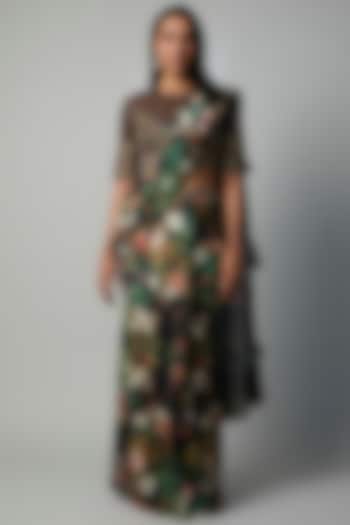 Black Raw Silk Botanical Printed Reception Saree Set by Rocky Star at Pernia's Pop Up Shop