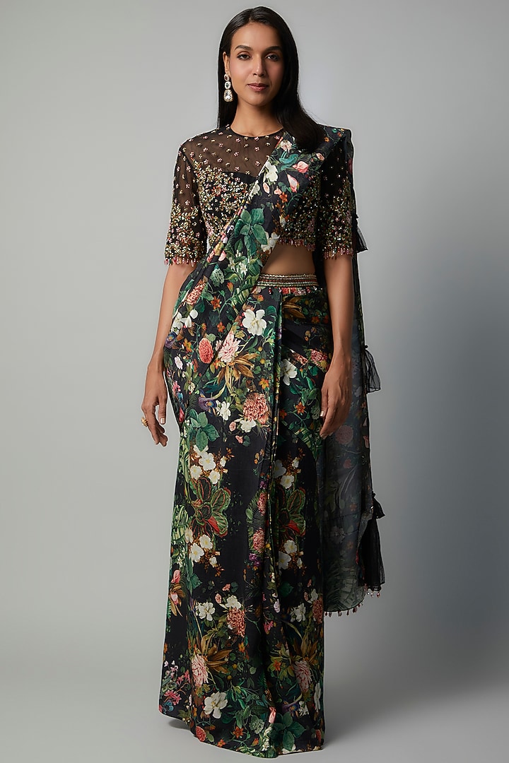 Black Raw Silk Botanical Printed Reception Saree Set by Rocky Star at Pernia's Pop Up Shop