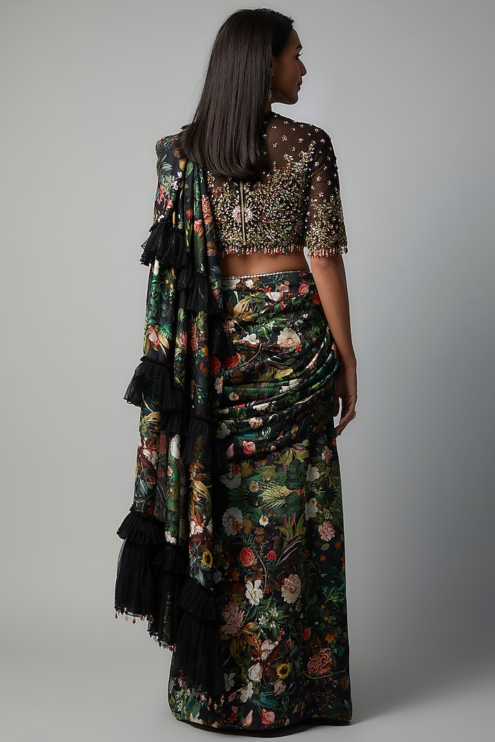 Black Raw Silk Botanical Printed Reception Saree Set by Rocky Star at Pernia's Pop Up Shop
