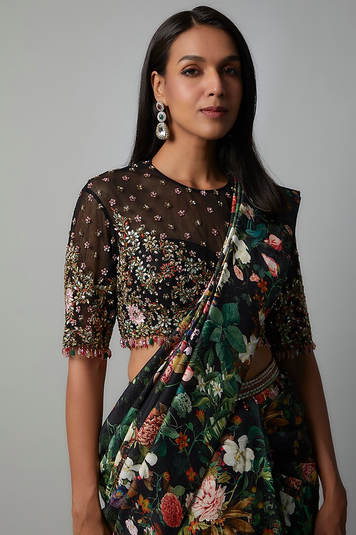 Black Raw Silk Botanical Printed Reception Saree Set by Rocky Star at Pernia's Pop Up Shop