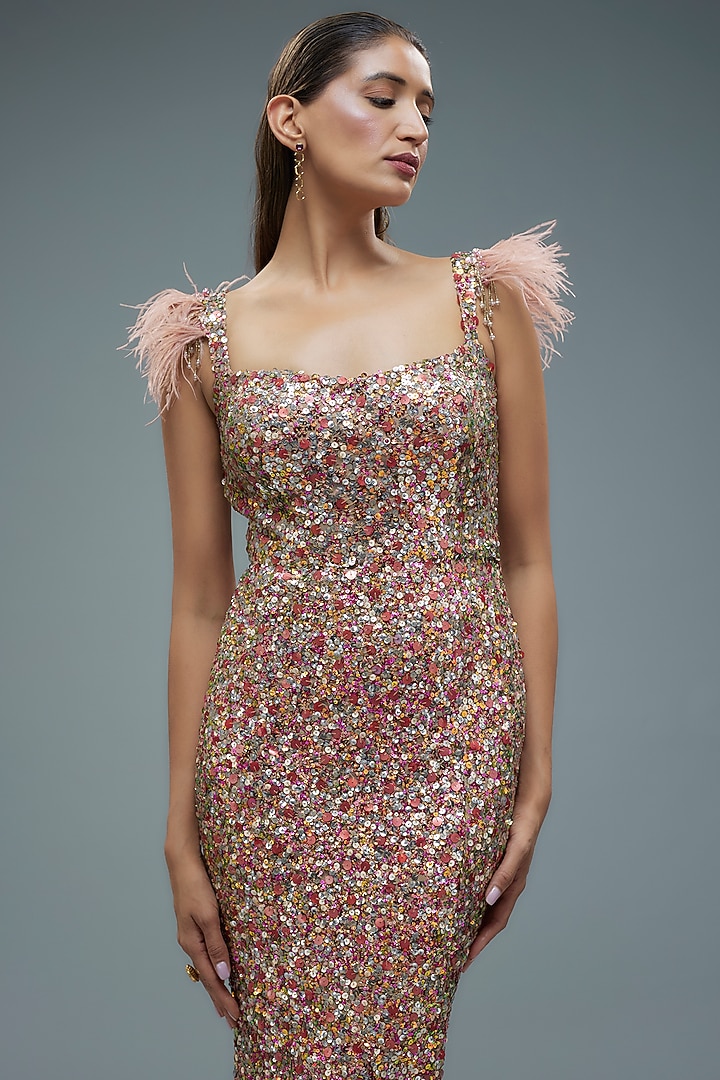 Pink Net Sequins Embroidered Bridal Gown by Rocky Star at Pernia's Pop Up Shop
