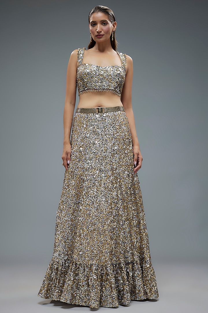 Beige Net Sequins Embroidered Lehenga Set by Rocky Star