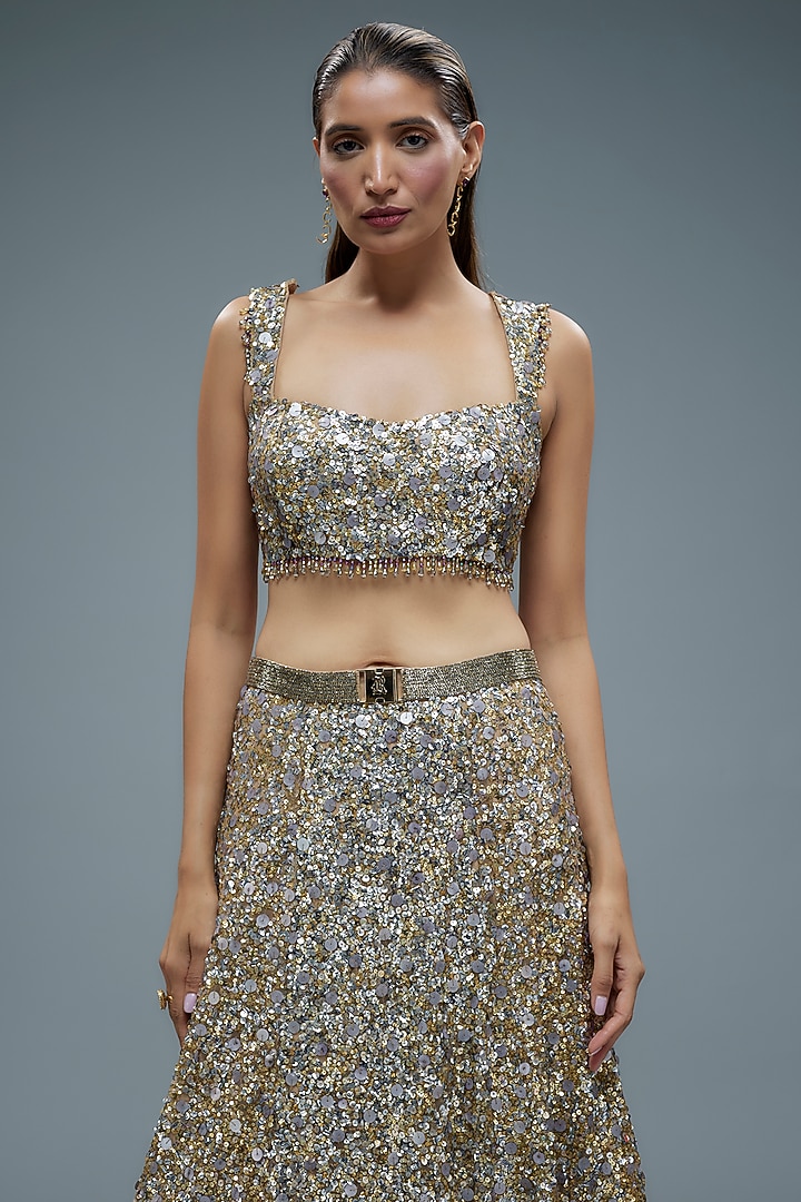Beige Net Sequins Embroidered Bridal Lehenga Set by Rocky Star at Pernia's Pop Up Shop