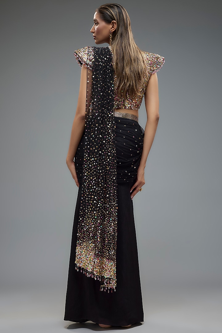 Black Raw Silk Tikka Embellished Reception Saree Set by Rocky Star at Pernia's Pop Up Shop