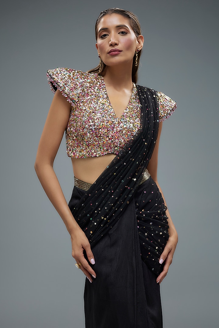 Black Raw Silk Tikka Embellished Reception Saree Set by Rocky Star at Pernia's Pop Up Shop