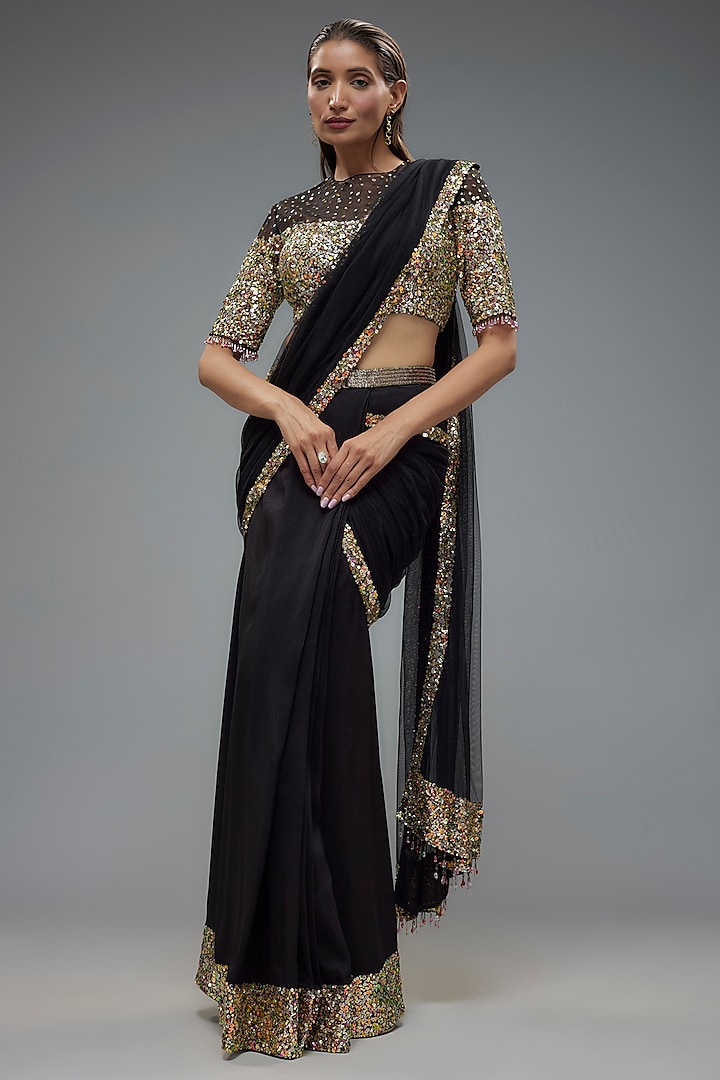 Black Raw Silk & Net Sequins Embroidered Saree Set by Rocky Star