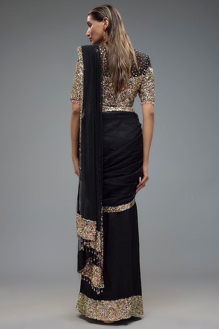 Black Raw Silk & Net Sequins Embroidered Reception Saree Set by Rocky Star at Pernia's Pop Up Shop