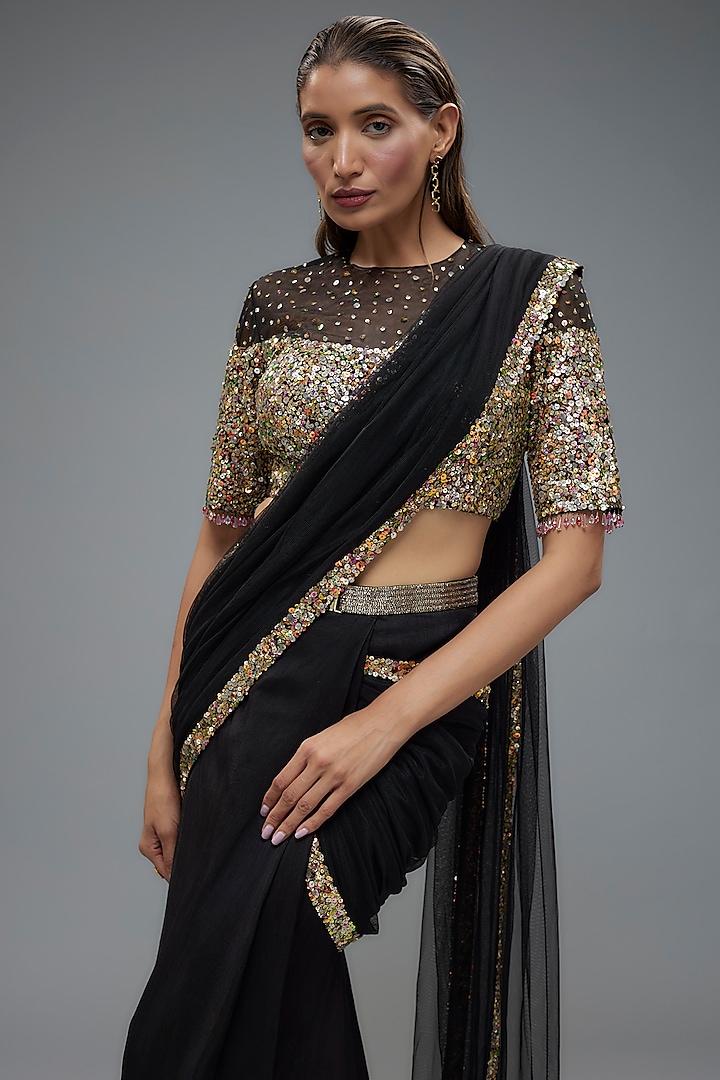 Black Raw Silk & Net Sequins Embroidered Reception Saree Set by Rocky Star at Pernia's Pop Up Shop