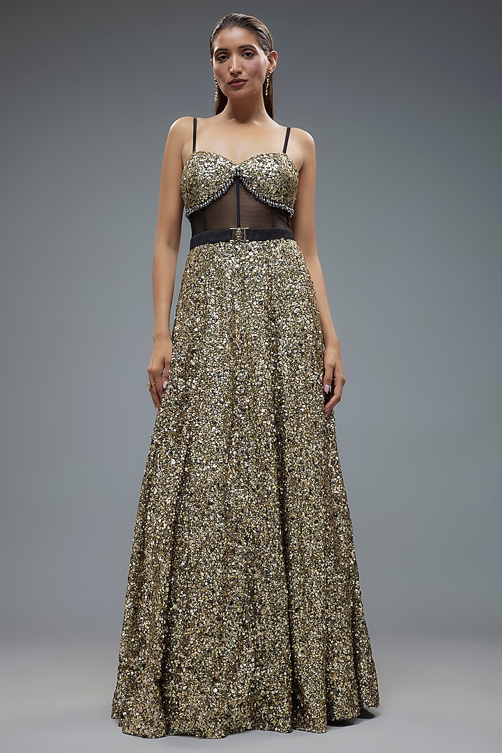 Antique Gold Net Sequins Embellished Corset Gown by Rocky Star at Pernia's Pop Up Shop