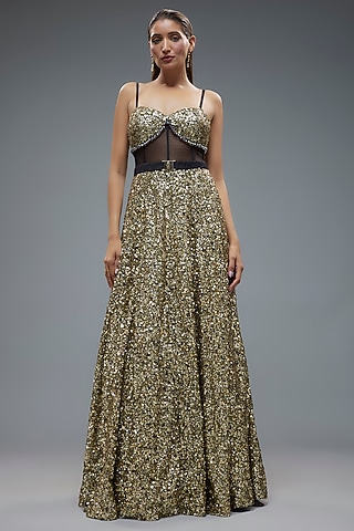 Antique Gold Net Sequins Embellished Corset Gown by Rocky Star