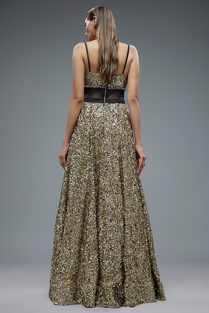 Antique Gold Net Sequins Embellished Corset Bridal Gown by Rocky Star at Pernia's Pop Up Shop