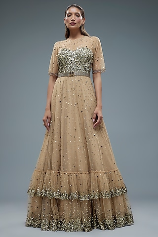 Nude Net Sequins Embroidered Flared Gown by Rocky Star