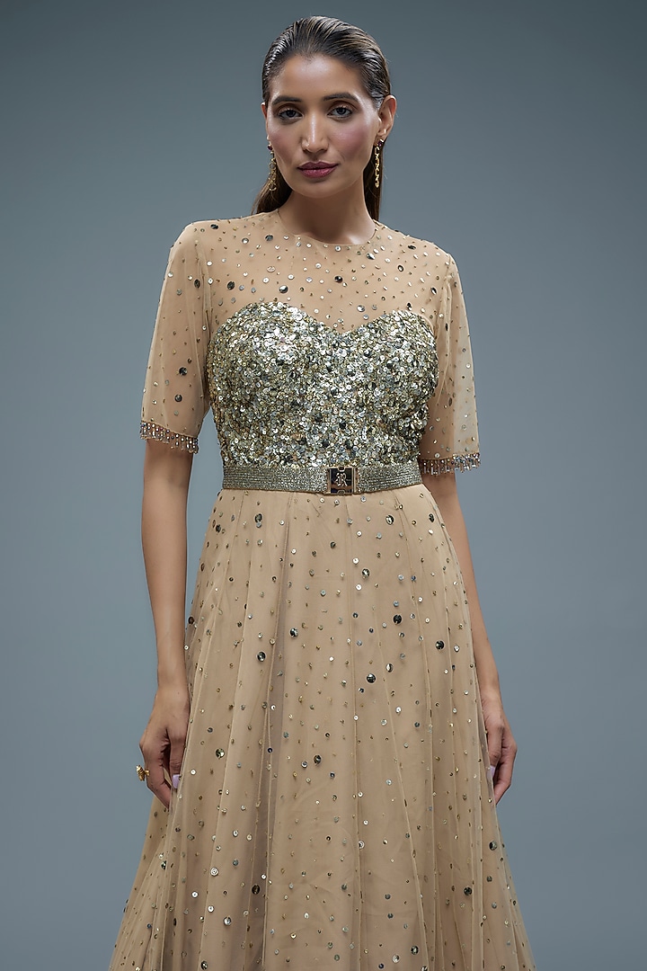Nude Net Sequins Embroidered Flared Wedding Gown by Rocky Star at Pernia's Pop Up Shop