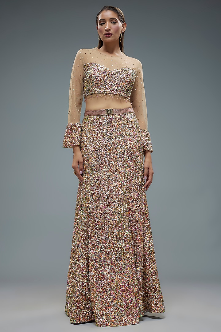 Pink Net Sequins Embroidered Lehenga Set by Rocky Star