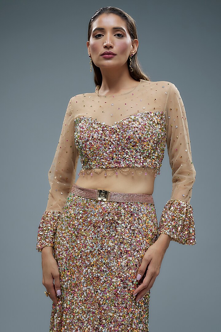 Pink Net Sequins Embroidered Wedding Lehenga Set by Rocky Star at Pernia's Pop Up Shop