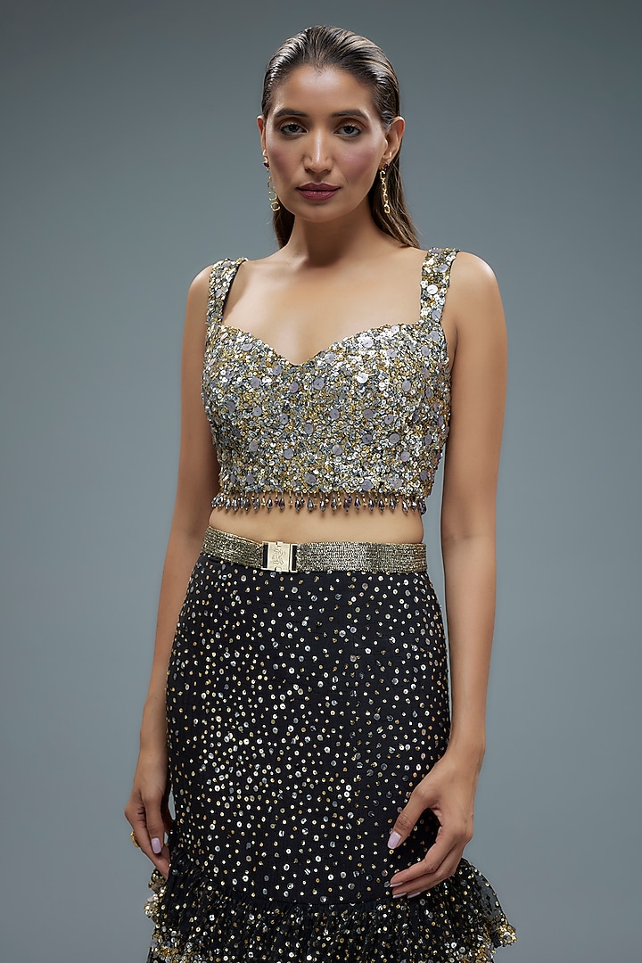 Black Net Sequins Embroidered Mermaid Wedding Lehenga Set by Rocky - Main Image