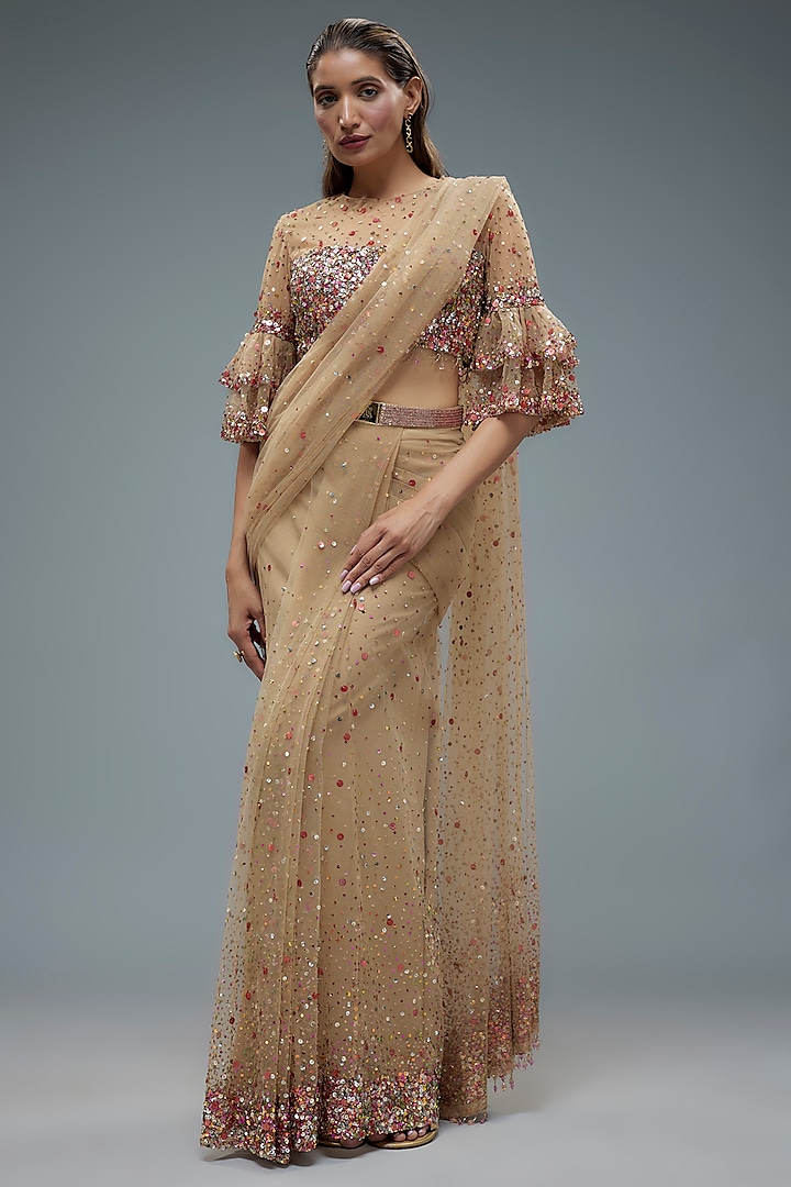 Nude Skin Net Sequins Embroidered Saree Set by Rocky Star