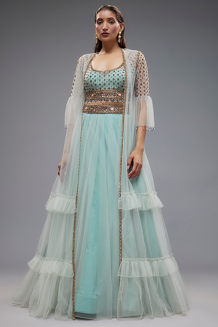 Sky Blue Net Jacket Wedding Lehenga Set by Rocky Star at Pernia's Pop Up Shop