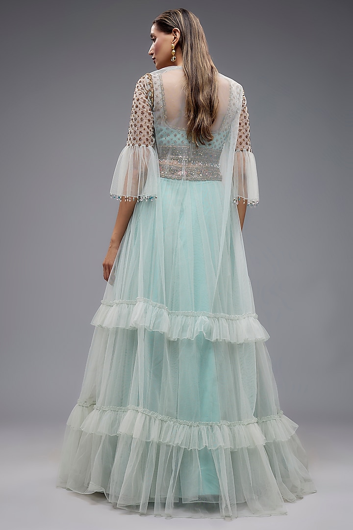 Sky Blue Net Jacket Bridal Lehenga Set by Rocky Star at Pernia's Pop Up Shop