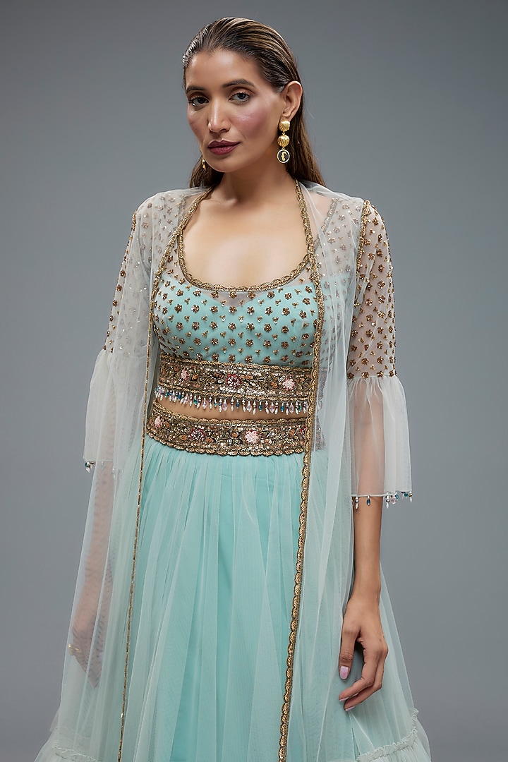 Sky Blue Net Jacket Bridal Lehenga Set by Rocky Star at Pernia's Pop Up Shop