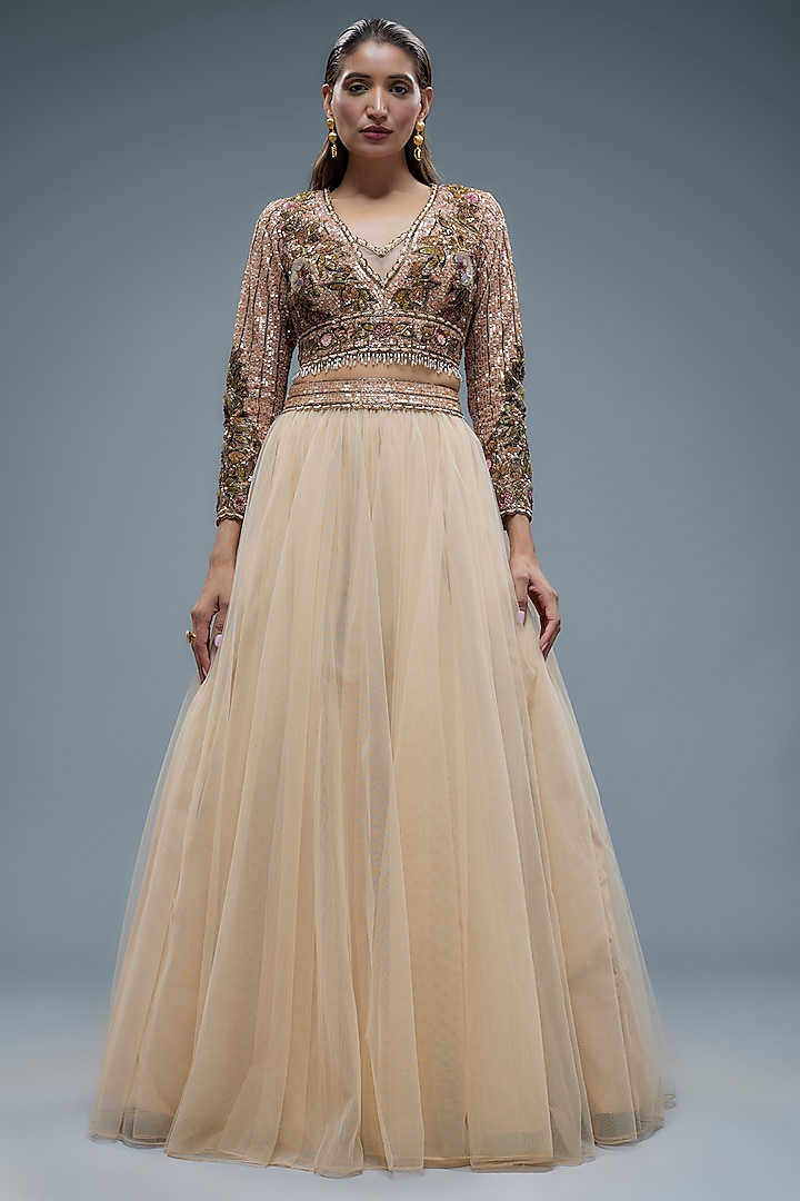 Beige Net Lehenga Set by Rocky Star