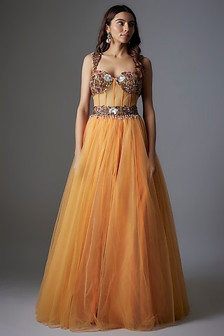 Pernia's Pop Up Shop - Rocky Star Women Orange Net Patchwork & Botanical Printed Corset Gown