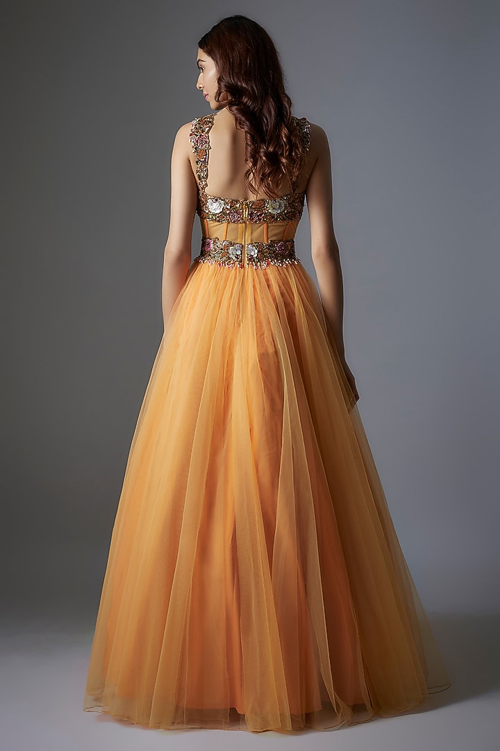Orange Net Patchwork & Botanical Printed Corset Wedding Gown by Rocky Star at Pernia's Pop Up Shop