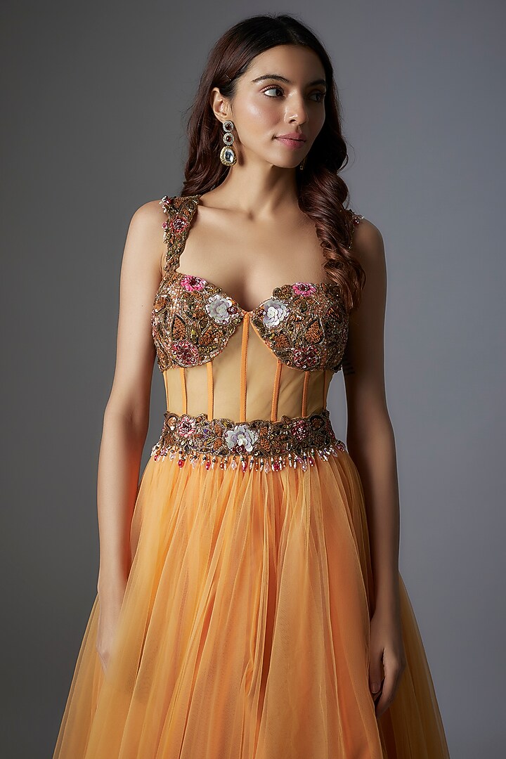 Orange Net Patchwork & Botanical Printed Corset Wedding Gown by Rocky Star at Pernia's Pop Up Shop