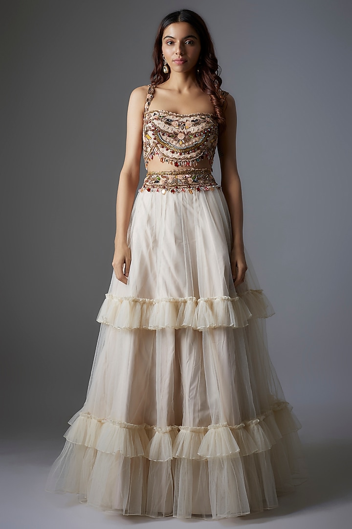 Ivory Net Tassel Embroidered Bridal lehenga for 22 Lehenga Set by Rocky Star at Pernia's Pop Up Shop