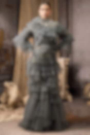 Grey Net Hand Embroidered Ruffled Bridal Gown by Rocky Star at Pernia's Pop Up Shop