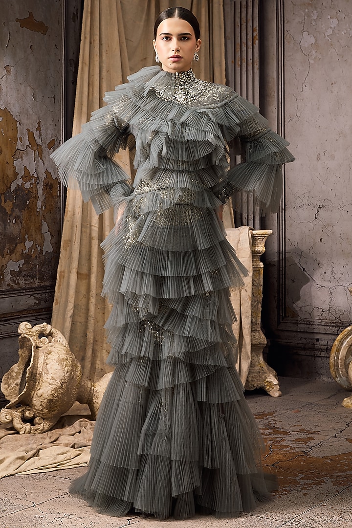 Grey Net Hand Embroidered Ruffled Bridal Gown by Rocky Star at Pernia's Pop Up Shop