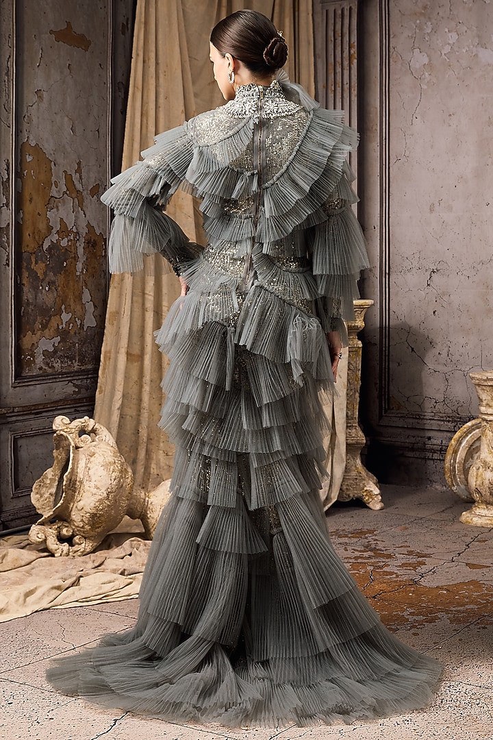 Grey Net Hand Embroidered Ruffled Bridal Gown by Rocky Star at Pernia's Pop Up Shop