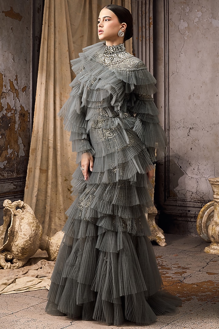 Grey Net Hand Embroidered Ruffled Bridal Gown by Rocky Star at Pernia's Pop Up Shop