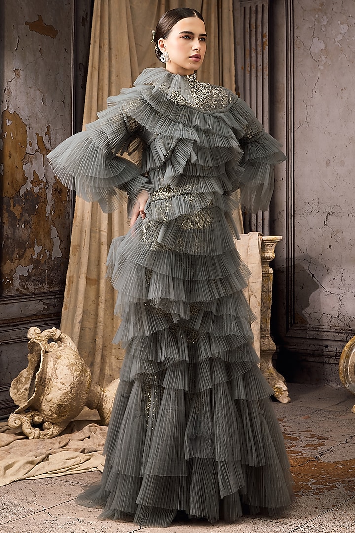 Grey Net Hand Embroidered Ruffled Bridal Gown by Rocky Star at Pernia's Pop Up Shop