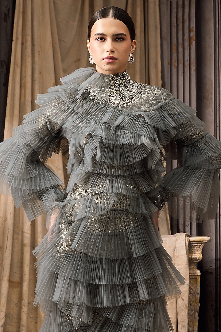 Grey Net Hand Embroidered Ruffled Bridal Gown by Rocky Star at Pernia's Pop Up Shop