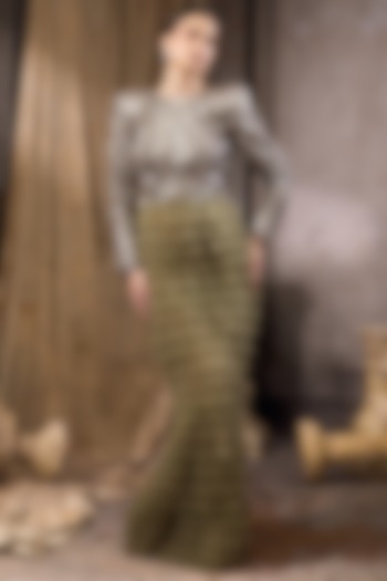 Green Tulle & Net Hand Embellished Ruffled Wedding Gown by Rocky Star at Pernia's Pop Up Shop