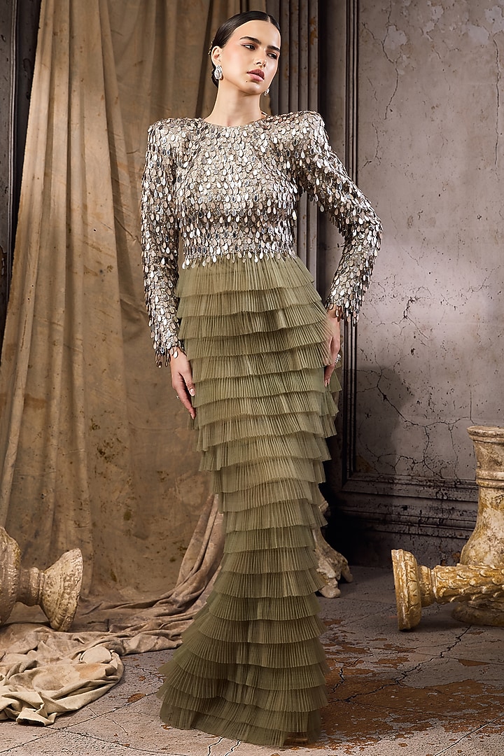 Green Tulle & Net Hand Embellished Ruffled Wedding Gown by Rocky Star at Pernia's Pop Up Shop