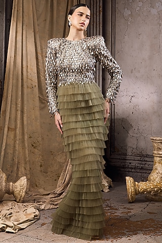 Green Tulle & Net Hand Embellished Ruffled Gown by Rocky Star