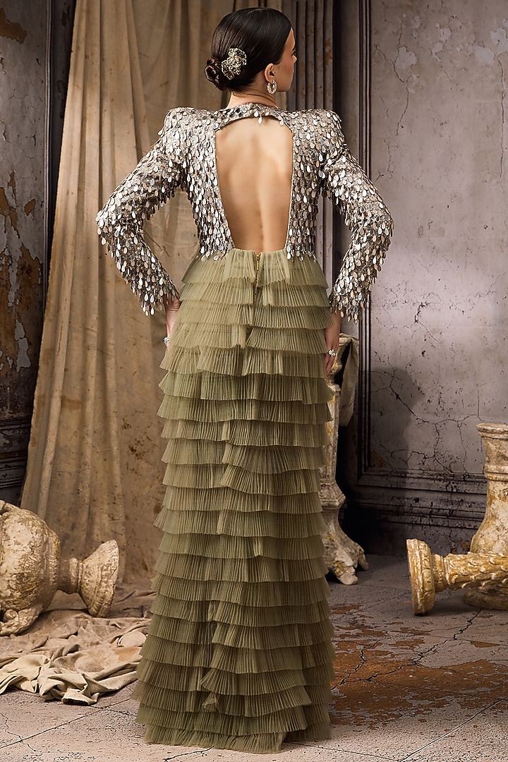 Green Tulle & Net Hand Embellished Ruffled Wedding Gown by Rocky Star at Pernia's Pop Up Shop