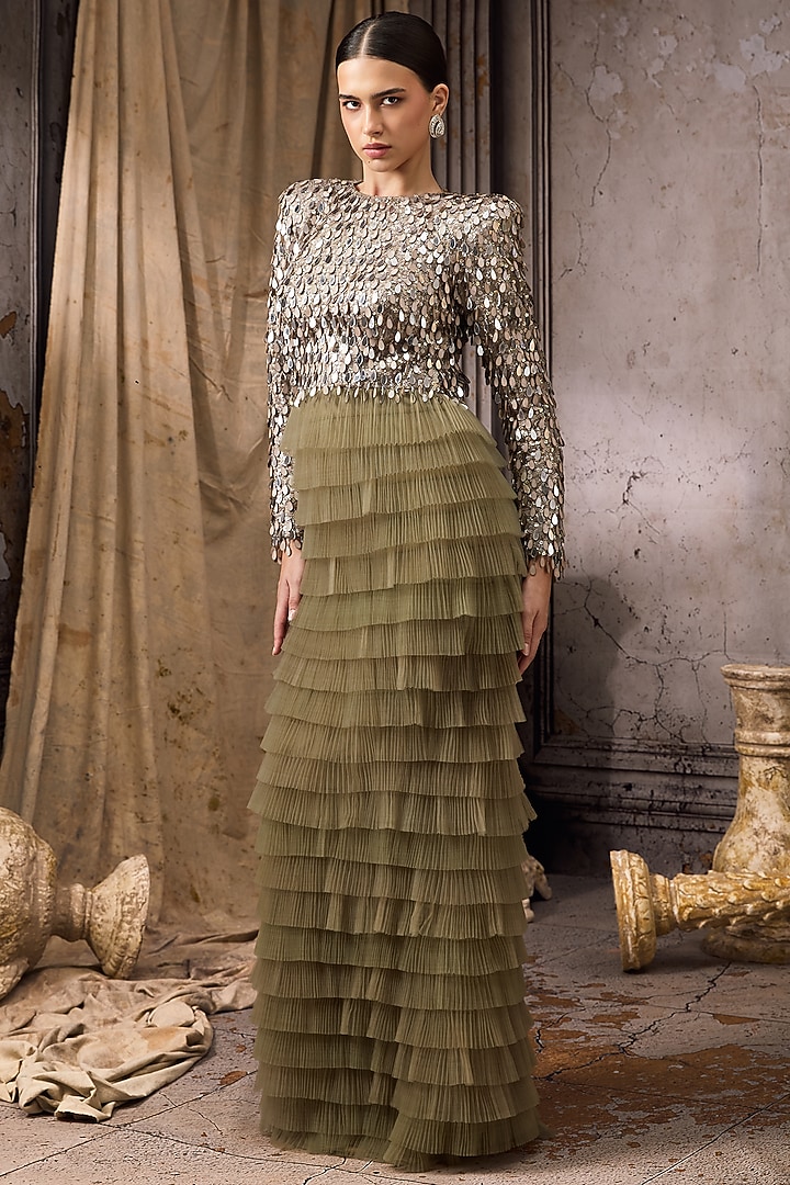 Green Tulle & Net Hand Embellished Ruffled Wedding Gown by Rocky Star at Pernia's Pop Up Shop