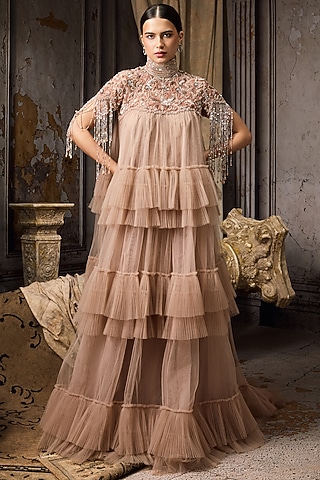 Pink Net & Tulle Hand Embroidered Gown by Rocky Star