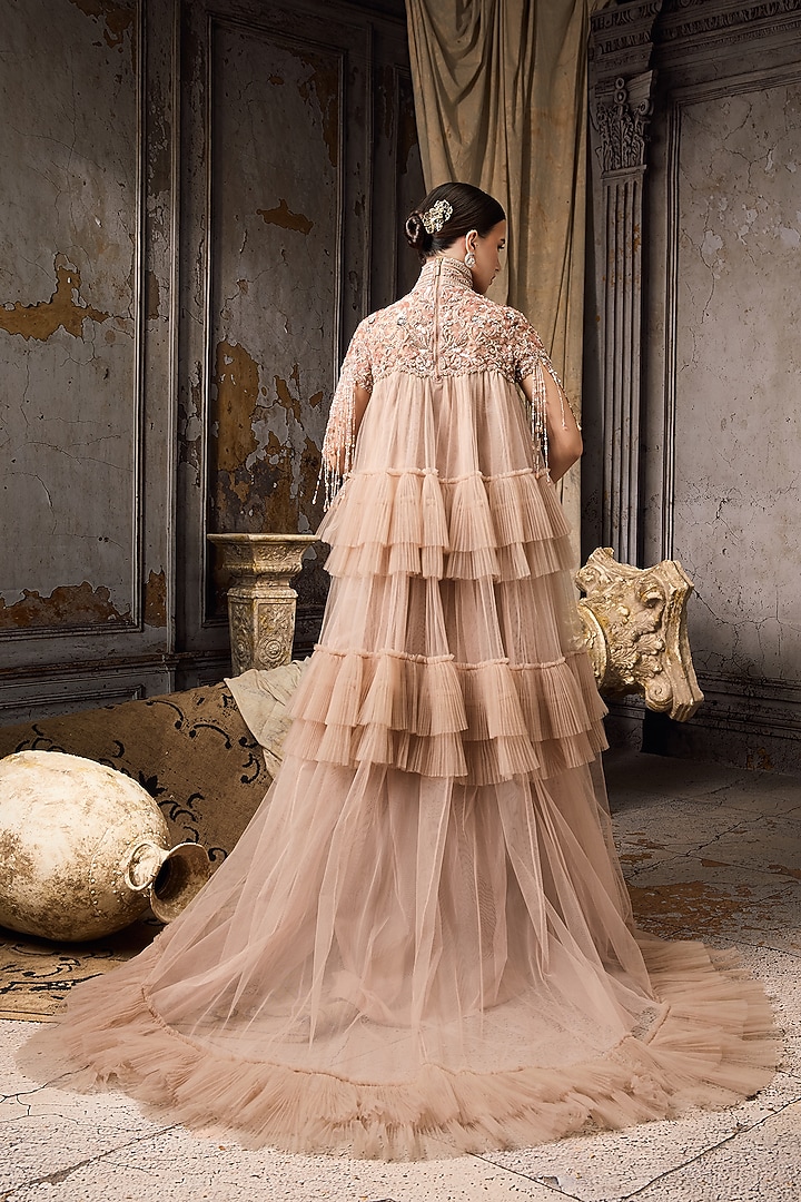 Pink Net & Tulle Hand Embroidered Bridal Gown by Rocky Star at Pernia's Pop Up Shop