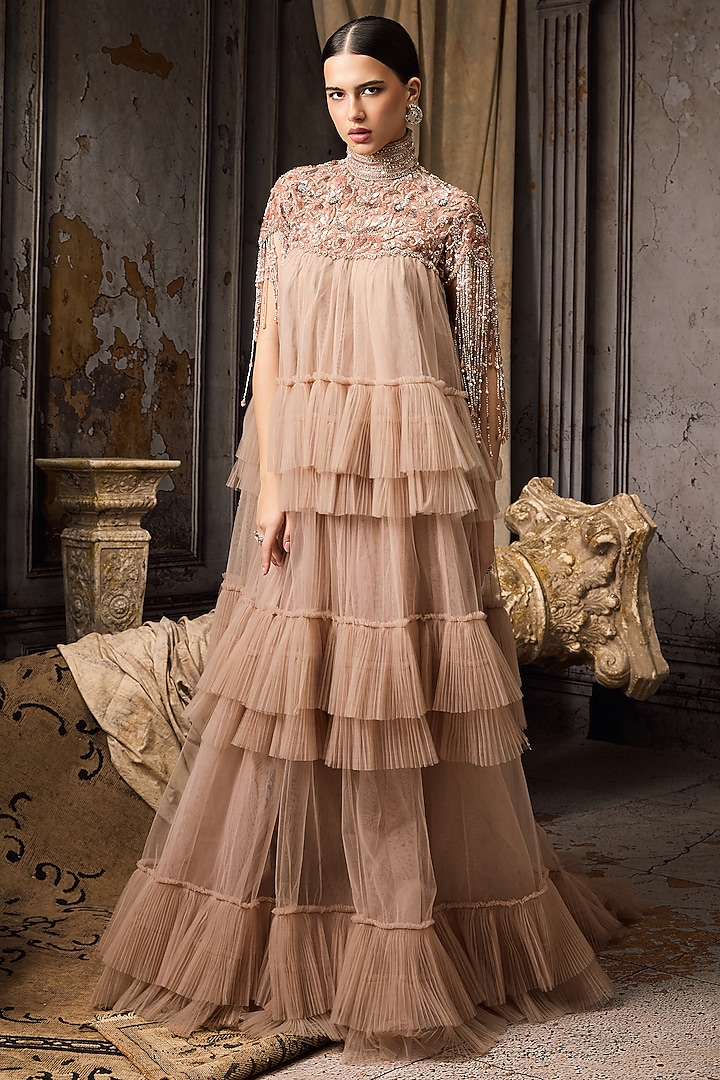 Pink Net & Tulle Hand Embroidered Bridal Gown by Rocky Star at Pernia's Pop Up Shop