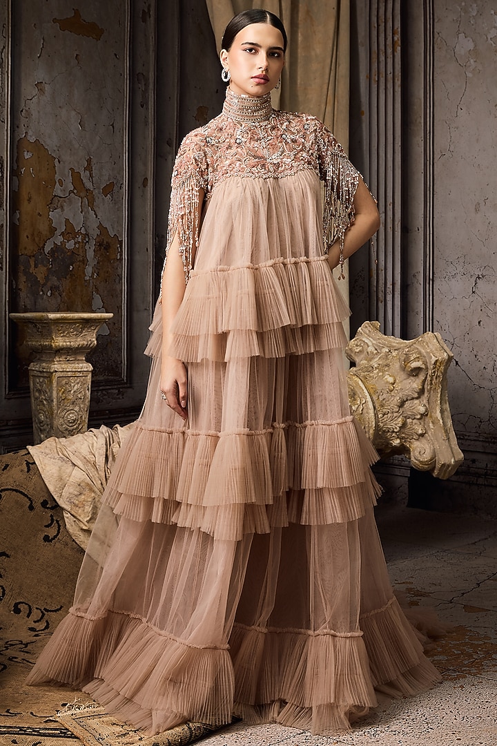 Pink Net & Tulle Hand Embroidered Bridal Gown by Rocky Star at Pernia's Pop Up Shop