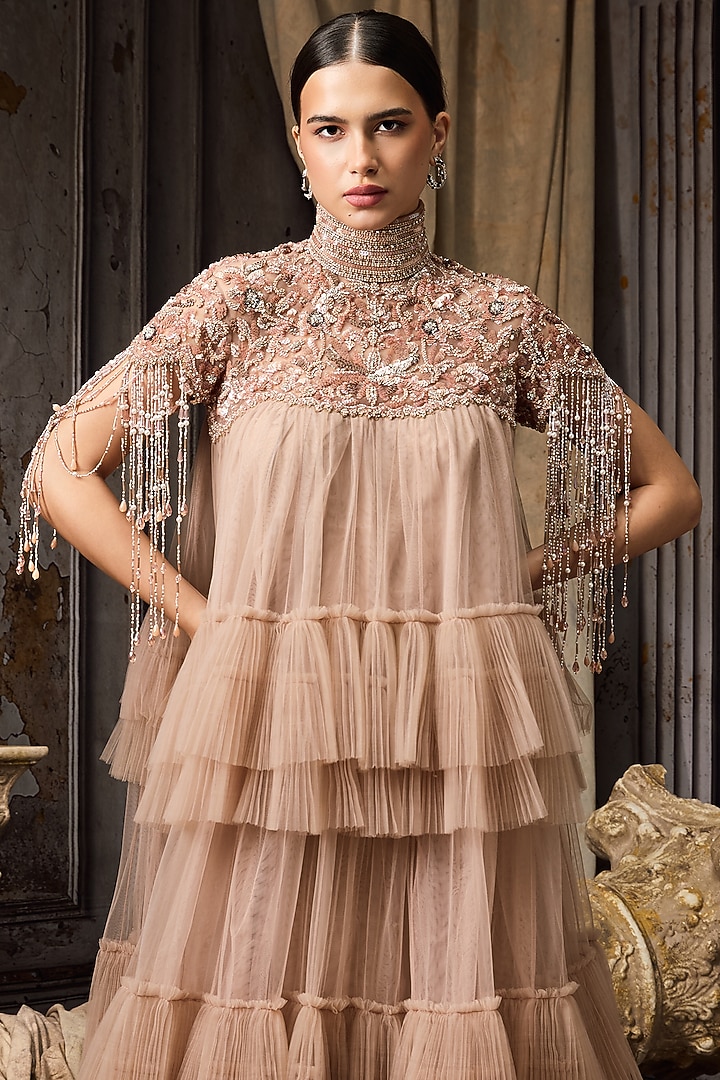 Pink Net & Tulle Hand Embroidered Bridal Gown by Rocky Star at Pernia's Pop Up Shop