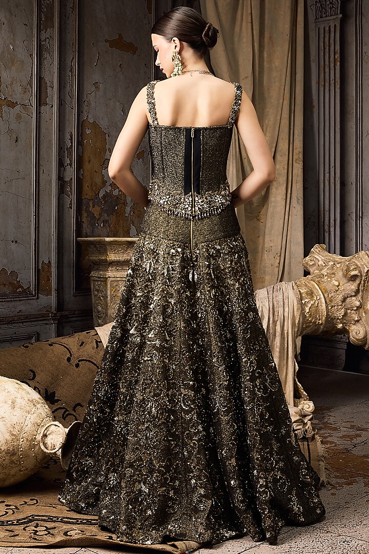 Black Poly Lurex Hand Embroidered Bridal Lehenga Set by Rocky Star at Pernia's Pop Up Shop