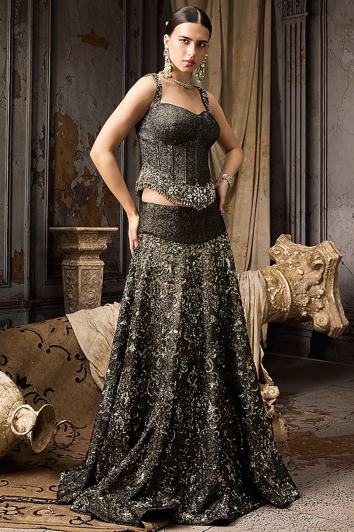 Black Poly Lurex Hand Embroidered Bridal Lehenga Set by Rocky Star at Pernia's Pop Up Shop