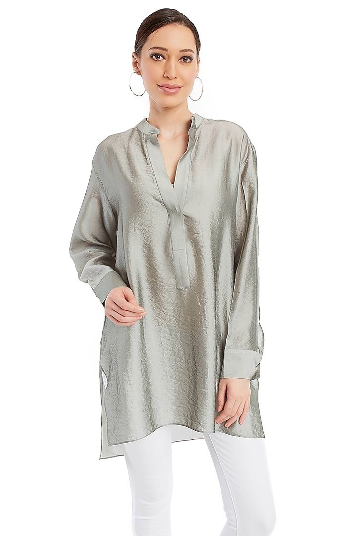 Silver Polyester Silk Tunic Top by Rocky Star
